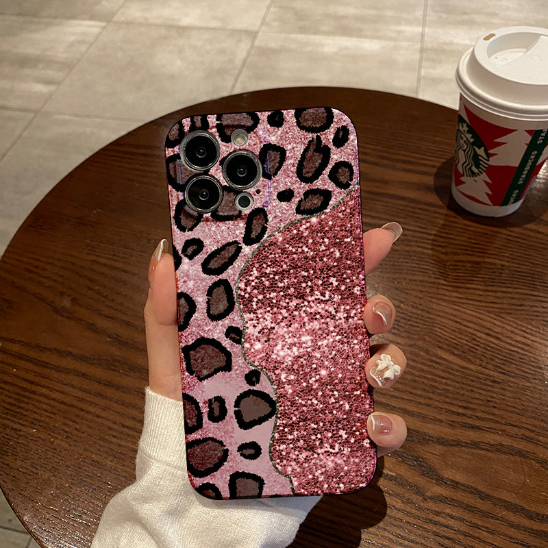 Pink Glitter with Black Leopard Print Designphone case for iPhone/16/15/14/13/12/290/Plus/Pro/Max Hot sale wholesale customizable pattern cases