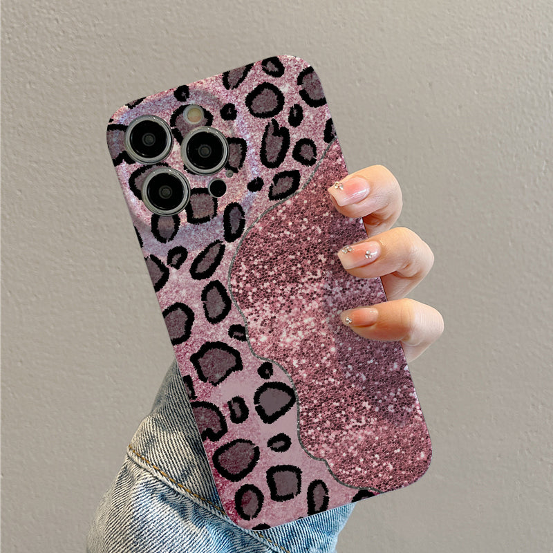 Pink Glitter with Black Leopard Print Designphone case for iPhone/16/15/14/13/12/290/Plus/Pro/Max Hot sale wholesale customizable pattern cases