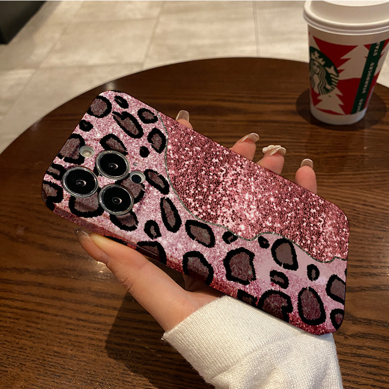 Pink Glitter with Black Leopard Print Designphone case for iPhone/16/15/14/13/12/290/Plus/Pro/Max Hot sale wholesale customizable pattern cases