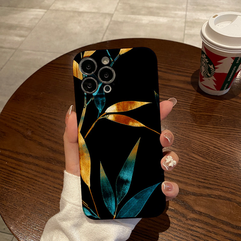 Elegant Gold and Blue Leaf Pattern on Black Backgroundphone case for iPhone/16/15/14/13/12/349/Plus/Pro/Max Hot sale wholesale customizable pattern cases