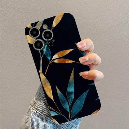 Elegant Gold and Blue Leaf Pattern on Black Backgroundphone case for iPhone/16/15/14/13/12/349/Plus/Pro/Max Hot sale wholesale customizable pattern cases