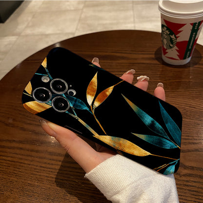 Elegant Gold and Blue Leaf Pattern on Black Backgroundphone case for iPhone/16/15/14/13/12/349/Plus/Pro/Max Hot sale wholesale customizable pattern cases