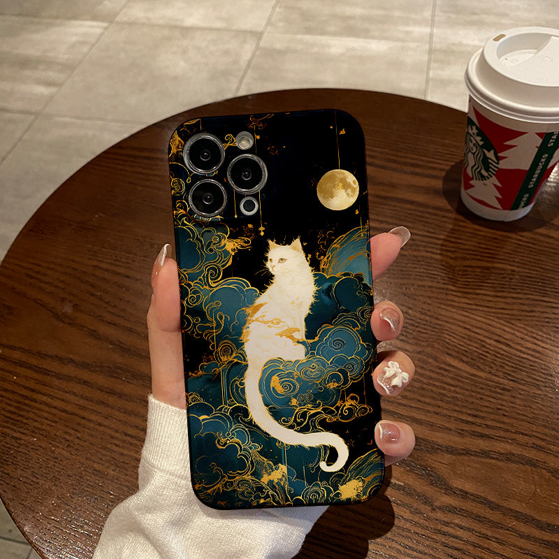 Mystical White Cat amidst Golden - lined Clouds and Moonphone case for iPhone/16/15/14/13/12/438/Plus/Pro/Max Hot sale wholesale customizable pattern cases