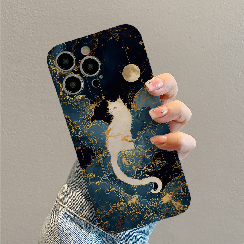 Mystical White Cat amidst Golden - lined Clouds and Moonphone case for iPhone/16/15/14/13/12/438/Plus/Pro/Max Hot sale wholesale customizable pattern cases