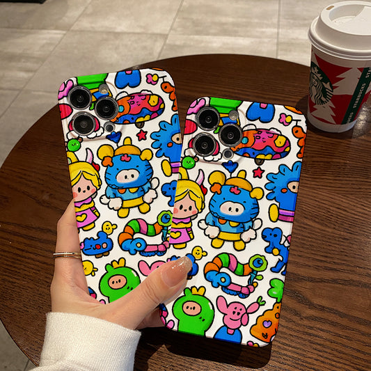 Colorful Cartoon Chaos with Whimsical Characters and Peace Message Comfortable grip, durable and stylish, high-quality protective phone case for