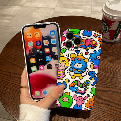 Colorful Cartoon Chaos with Whimsical Characters and Peace Message Comfortable grip, durable and stylish, high-quality protective phone case for