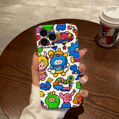 Colorful Cartoon Chaos with Whimsical Characters and Peace Message Comfortable grip, durable and stylish, high-quality protective phone case for