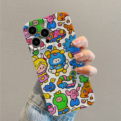 Colorful Cartoon Chaos with Whimsical Characters and Peace Message Comfortable grip, durable and stylish, high-quality protective phone case for