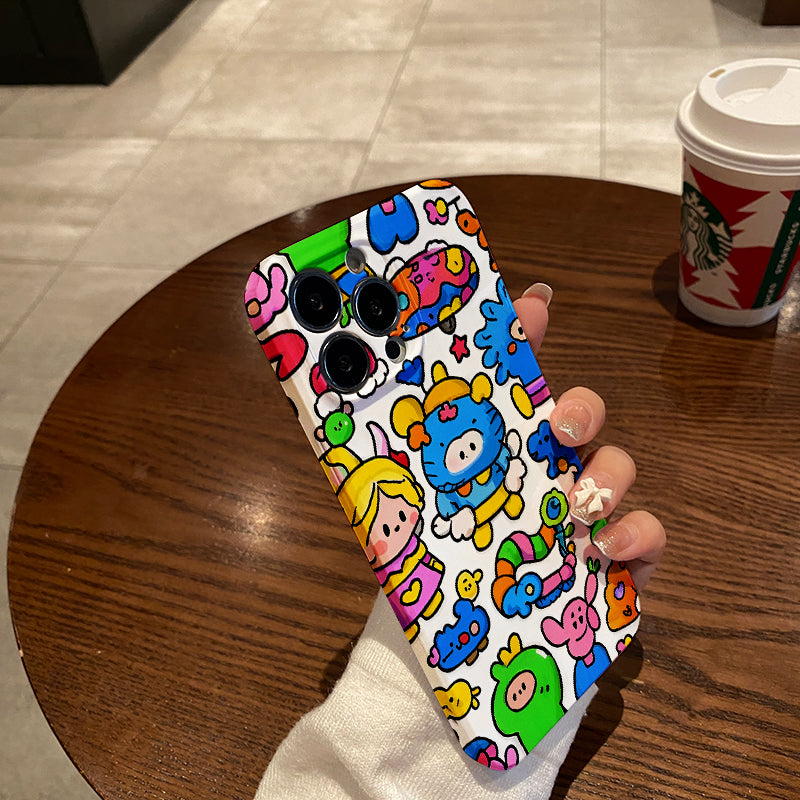 Colorful Cartoon Chaos with Whimsical Characters and Peace Message Comfortable grip, durable and stylish, high-quality protective phone case for