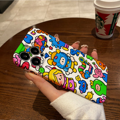 Colorful Cartoon Chaos with Whimsical Characters and Peace Message Comfortable grip, durable and stylish, high-quality protective phone case for