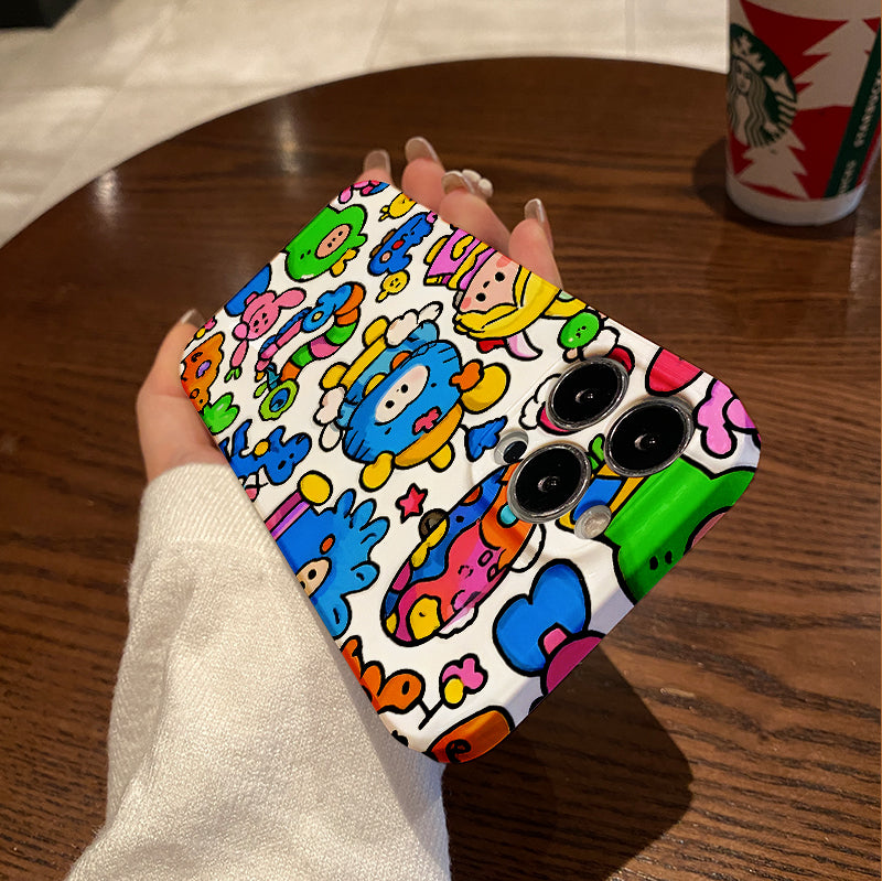 Colorful Cartoon Chaos with Whimsical Characters and Peace Message Comfortable grip, durable and stylish, high-quality protective phone case for