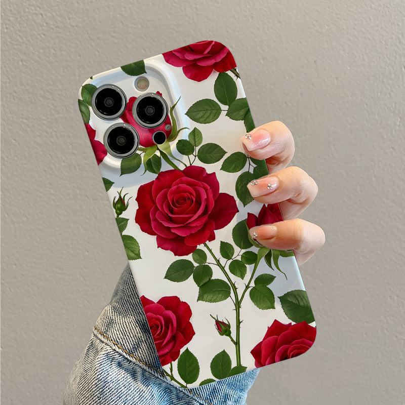 Elegant Red Roses Pattern on White Background Comfortable grip, durable and stylish, high-quality protective phone case for