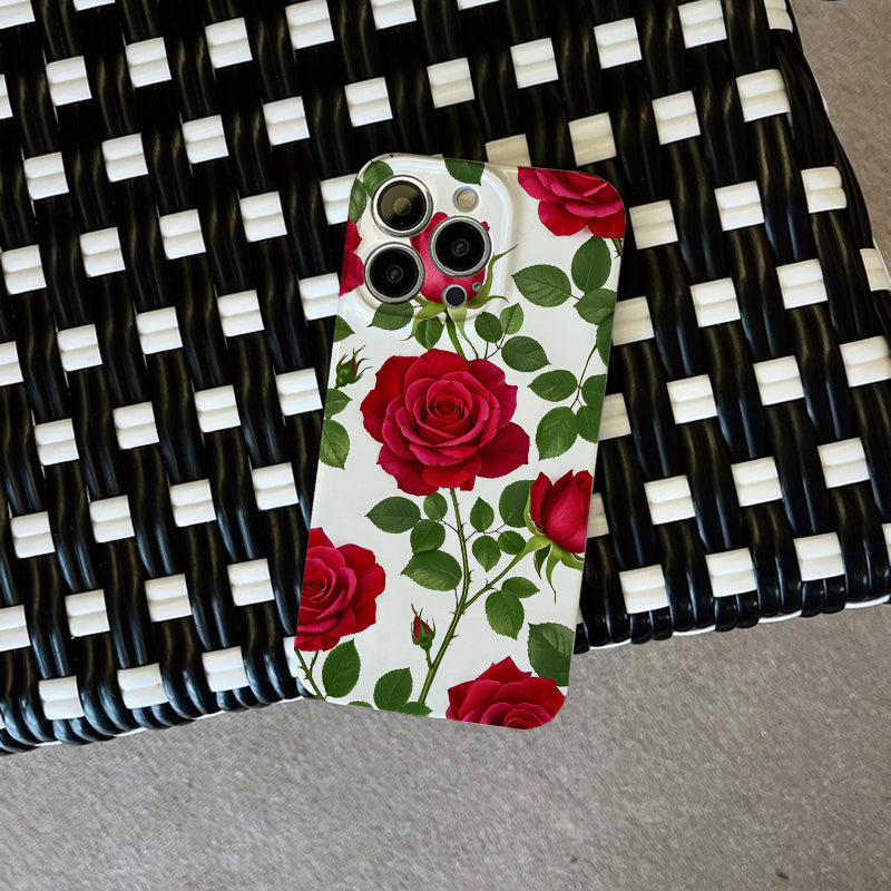 Elegant Red Roses Pattern on White Background Comfortable grip, durable and stylish, high-quality protective phone case for