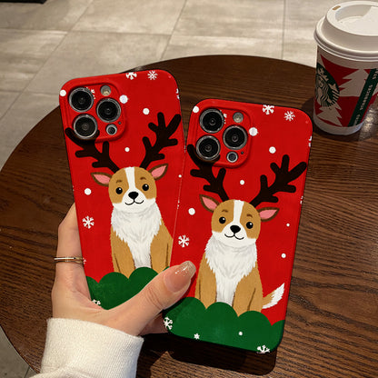 mobile phone protective case with Christmas corgi pattern design, suitable for iPhone 16, 15, 14, 13 Mini, 12, 11 Pro Max, Pro Plus, XR, XS Max, XS, X series. Latest anti-drop and shockproof film PC durable