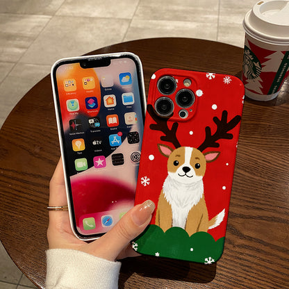 mobile phone protective case with Christmas corgi pattern design, suitable for iPhone 16, 15, 14, 13 Mini, 12, 11 Pro Max, Pro Plus, XR, XS Max, XS, X series. Latest anti-drop and shockproof film PC durable