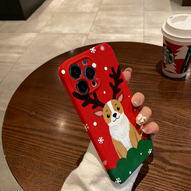 mobile phone protective case with Christmas corgi pattern design, suitable for iPhone 16, 15, 14, 13 Mini, 12, 11 Pro Max, Pro Plus, XR, XS Max, XS, X series. Latest anti-drop and shockproof film PC durable