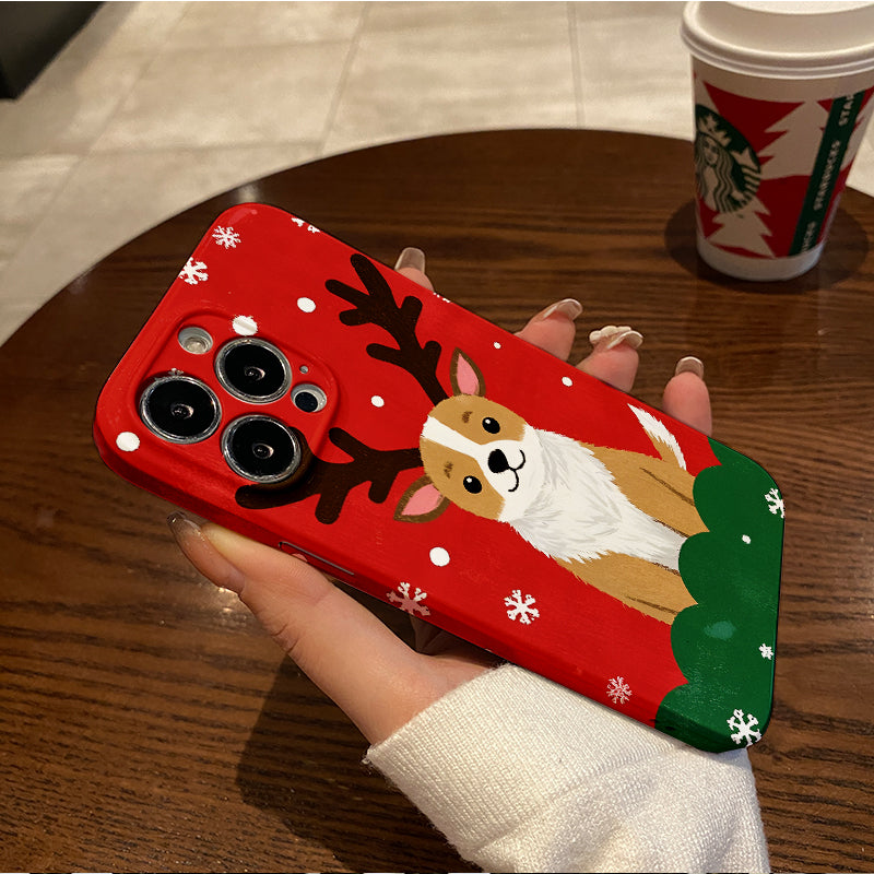 mobile phone protective case with Christmas corgi pattern design, suitable for iPhone 16, 15, 14, 13 Mini, 12, 11 Pro Max, Pro Plus, XR, XS Max, XS, X series. Latest anti-drop and shockproof film PC durable