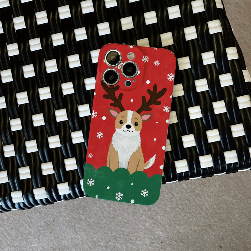 mobile phone protective case with Christmas corgi pattern design, suitable for iPhone 16, 15, 14, 13 Mini, 12, 11 Pro Max, Pro Plus, XR, XS Max, XS, X series. Latest anti-drop and shockproof film PC durable