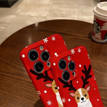 mobile phone protective case with Christmas corgi pattern design, suitable for iPhone 16, 15, 14, 13 Mini, 12, 11 Pro Max, Pro Plus, XR, XS Max, XS, X series. Latest anti-drop and shockproof film PC durable