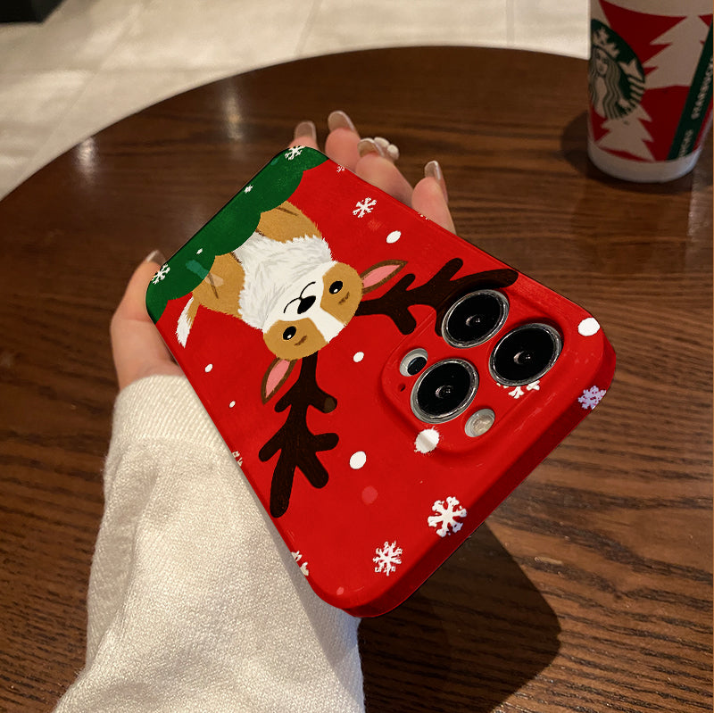 mobile phone protective case with Christmas corgi pattern design, suitable for iPhone 16, 15, 14, 13 Mini, 12, 11 Pro Max, Pro Plus, XR, XS Max, XS, X series. Latest anti-drop and shockproof film PC durable