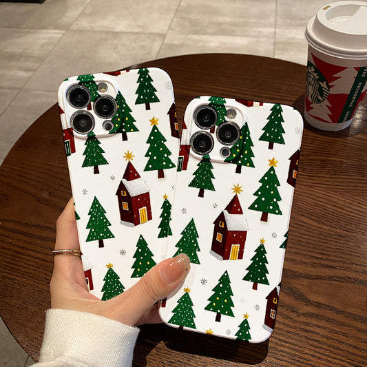 mobile phone protective case with Christmas house and forest pattern design, suitable for iPhone 16, 15, 14, 13 Mini, 12, 11 Pro Max, Pro Plus, XR, XS Max, XS, X series. Latest anti-drop and shockproof film