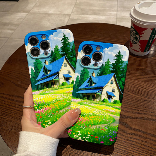 Mobile Phone Protective Case with Field, Villa And Cartoon Illustration Pattern Design, Suitable for Iphone 16_15_14_13 Mini_12_11 Pro Max_Pro Plus_Xr_Xs Max_Xs_X Series. Latest Protective Film PC Durable S