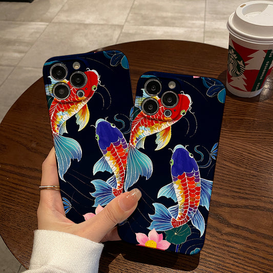 mobile phone protective case with koi fish illustration pattern design, suitable for iPhone 16, 15, 14, 13 Mini, 12, 11 Pro Max, Pro Plus, XR, XS Max, XS, X series. Latest anti-drop and shockproof film PC d