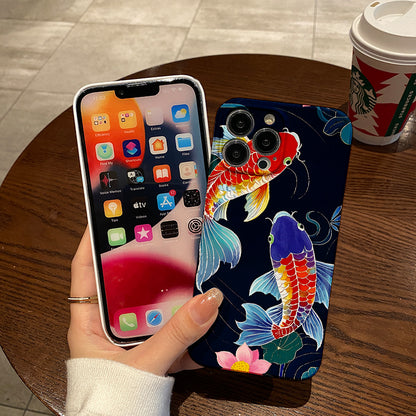 mobile phone protective case with koi fish illustration pattern design, suitable for iPhone 16, 15, 14, 13 Mini, 12, 11 Pro Max, Pro Plus, XR, XS Max, XS, X series. Latest anti-drop and shockproof film PC d