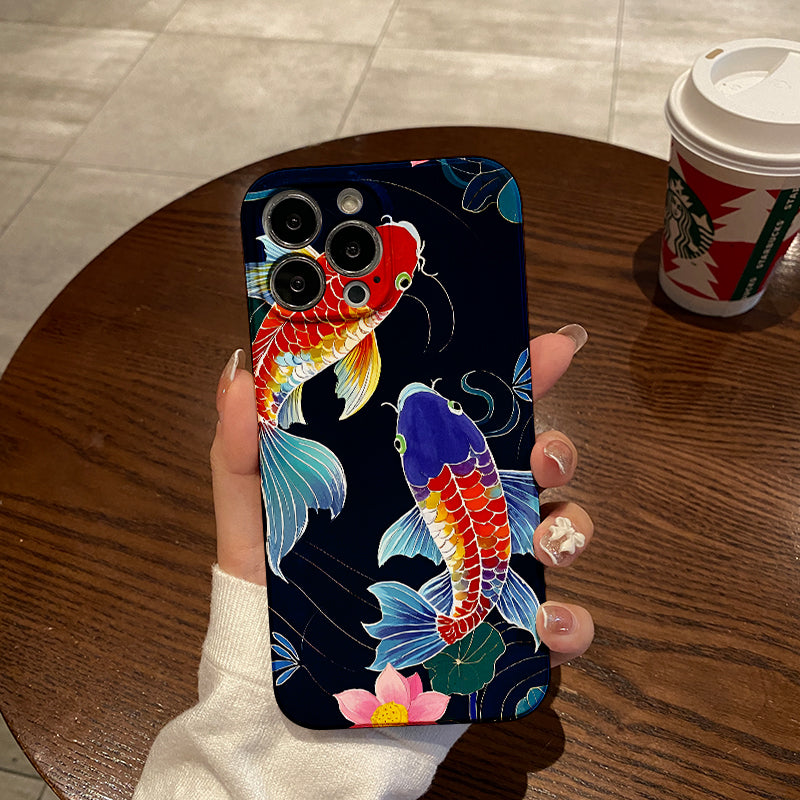 mobile phone protective case with koi fish illustration pattern design, suitable for iPhone 16, 15, 14, 13 Mini, 12, 11 Pro Max, Pro Plus, XR, XS Max, XS, X series. Latest anti-drop and shockproof film PC d