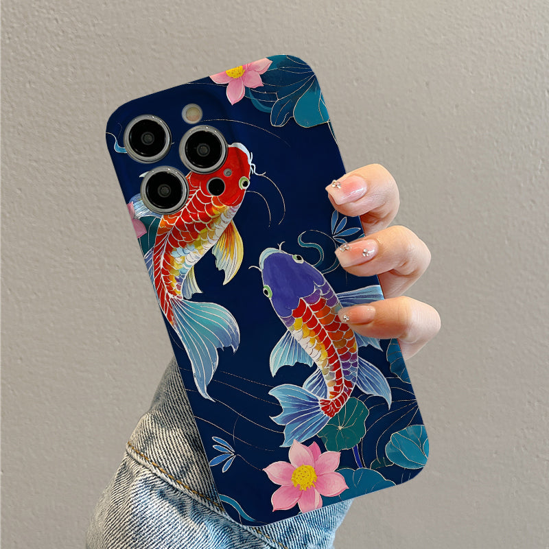 mobile phone protective case with koi fish illustration pattern design, suitable for iPhone 16, 15, 14, 13 Mini, 12, 11 Pro Max, Pro Plus, XR, XS Max, XS, X series. Latest anti-drop and shockproof film PC d