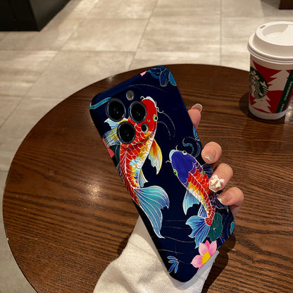 mobile phone protective case with koi fish illustration pattern design, suitable for iPhone 16, 15, 14, 13 Mini, 12, 11 Pro Max, Pro Plus, XR, XS Max, XS, X series. Latest anti-drop and shockproof film PC d