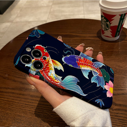 mobile phone protective case with koi fish illustration pattern design, suitable for iPhone 16, 15, 14, 13 Mini, 12, 11 Pro Max, Pro Plus, XR, XS Max, XS, X series. Latest anti-drop and shockproof film PC d