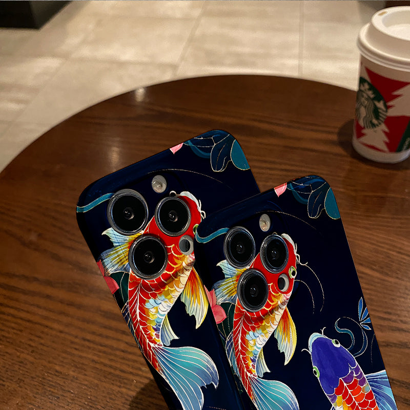 mobile phone protective case with koi fish illustration pattern design, suitable for iPhone 16, 15, 14, 13 Mini, 12, 11 Pro Max, Pro Plus, XR, XS Max, XS, X series. Latest anti-drop and shockproof film PC d