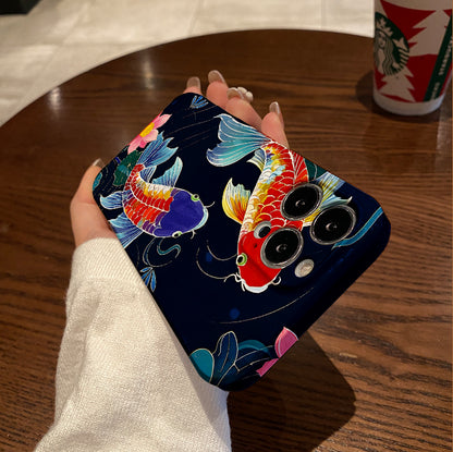 mobile phone protective case with koi fish illustration pattern design, suitable for iPhone 16, 15, 14, 13 Mini, 12, 11 Pro Max, Pro Plus, XR, XS Max, XS, X series. Latest anti-drop and shockproof film PC d