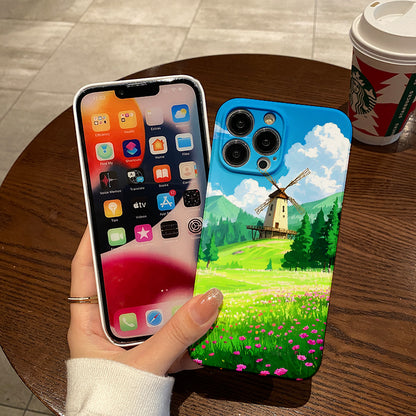 Mobile Phone Protective Case with landscape on the field pattern design, suitable for iPhone 16 15 14 13 Mini 12 11 Pro Max Pro Plus XR XS Max XS X series. Latest protective film, PC durable shell. Christma