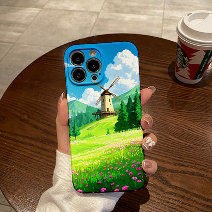 Mobile Phone Protective Case with landscape on the field pattern design, suitable for iPhone 16 15 14 13 Mini 12 11 Pro Max Pro Plus XR XS Max XS X series. Latest protective film, PC durable shell. Christma