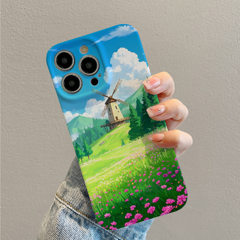 Mobile Phone Protective Case with landscape on the field pattern design, suitable for iPhone 16 15 14 13 Mini 12 11 Pro Max Pro Plus XR XS Max XS X series. Latest protective film, PC durable shell. Christma