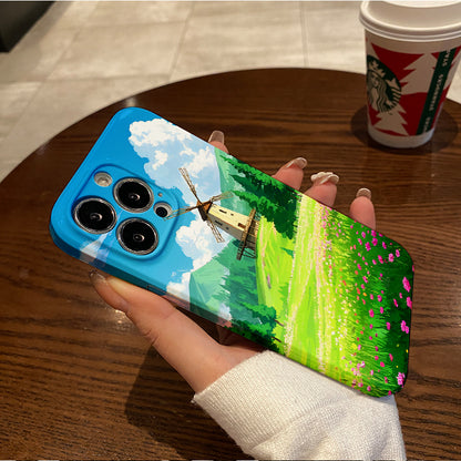 Mobile Phone Protective Case with landscape on the field pattern design, suitable for iPhone 16 15 14 13 Mini 12 11 Pro Max Pro Plus XR XS Max XS X series. Latest protective film, PC durable shell. Christma