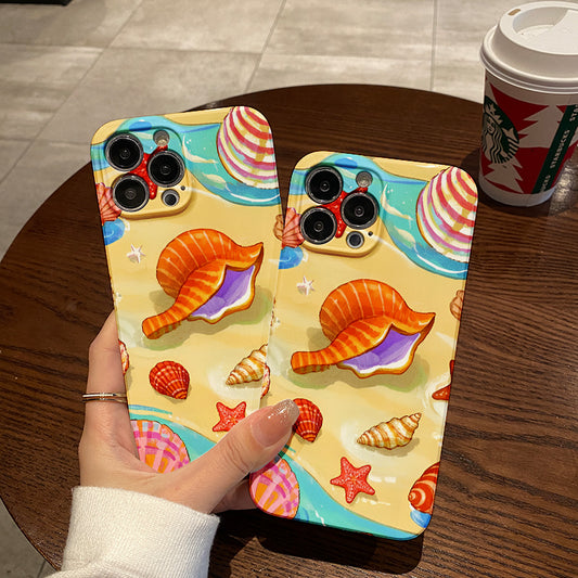 Mobile Phone Protective Case with ocean, shells and starfish, pattern design, suitable for iPhone 16 15 14 13 Mini 12 11 Pro Max Pro Plus XR XS Max XS X series. Latest protective film, PC durable shell. Chr