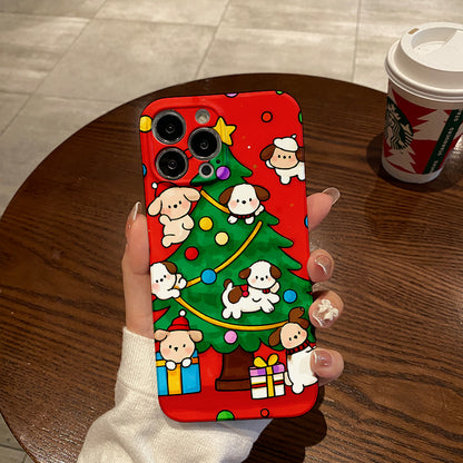 nique style phone case with lens protection and shockproof function featuring cute characters , Pochacco, Cinnamoroll for Christmas, exquisite Christmas tree