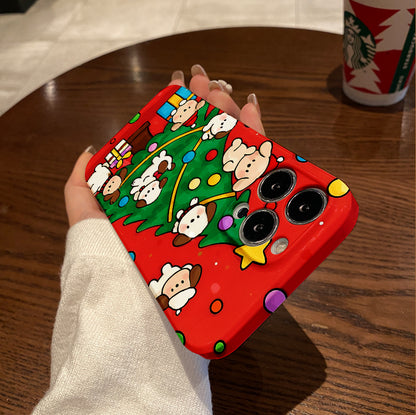 nique style phone case with lens protection and shockproof function featuring cute characters , Pochacco, Cinnamoroll for Christmas, exquisite Christmas tree