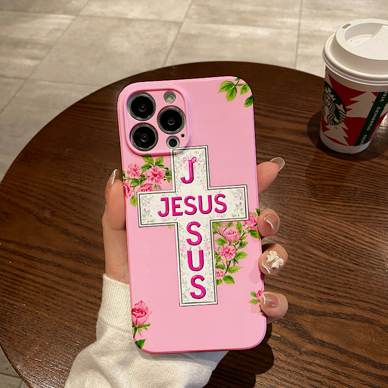 Piece Floral Cross Phone Case Featuring Jesus Text Design, Complete with a , Suitable for Iphone Models 16, 15, 14, 13, 12, And 11 Pro Max, Plus. A Perfect Birthday Present for Your Girlfriend, Boyfr