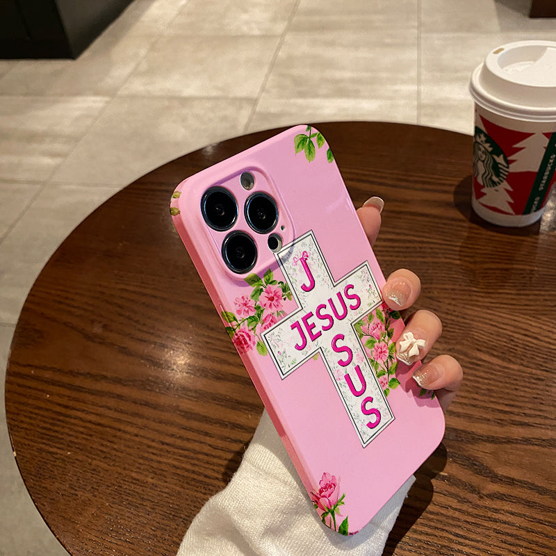 Piece Floral Cross Phone Case Featuring Jesus Text Design, Complete with a , Suitable for Iphone Models 16, 15, 14, 13, 12, And 11 Pro Max, Plus. A Perfect Birthday Present for Your Girlfriend, Boyfr