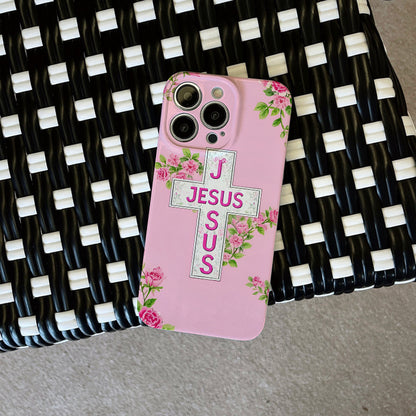 Piece Floral Cross Phone Case Featuring Jesus Text Design, Complete with a , Suitable for Iphone Models 16, 15, 14, 13, 12, And 11 Pro Max, Plus. A Perfect Birthday Present for Your Girlfriend, Boyfr