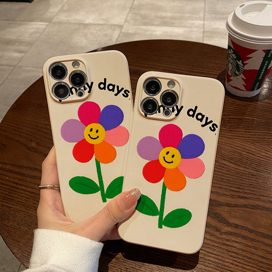 st Strap Holder Phone Case with Sunflower & Smiling Face Design - High-Quality Floral Protective Cover for iPhone 15 Pro Max, 14 Pro, 13 Pro, 12 Series, 11, XS Max, 7_8 Plus - Perfect Gift for Friends