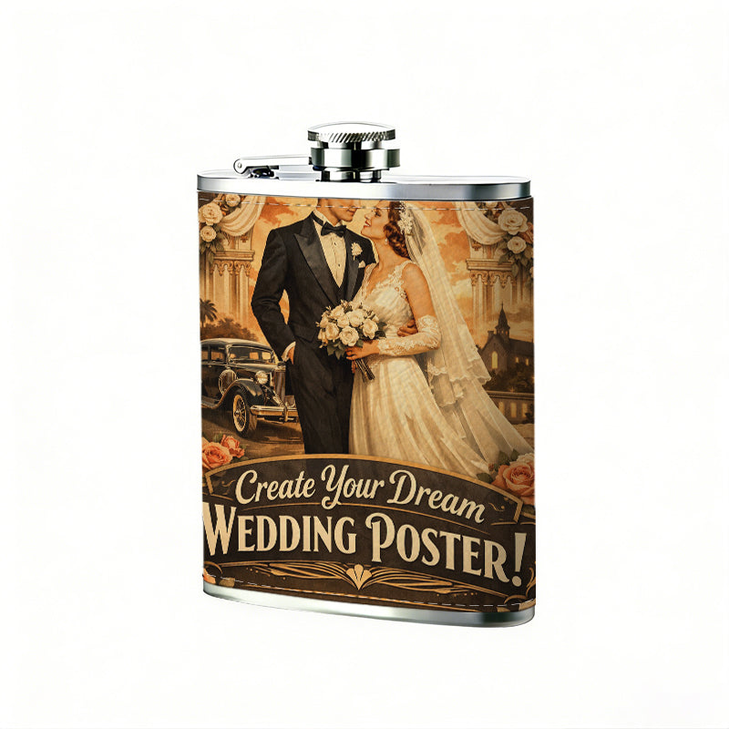 Bride and Groom Wedding Stainless Steel 8oz Portable Flask - Food-Grade 304 Stainless Steel