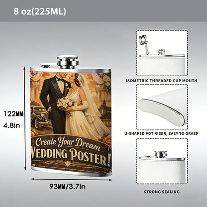 Bride and Groom Wedding 8oz Stainless Steel Hip Flask, Portable Whiskey Flask Gift for Women