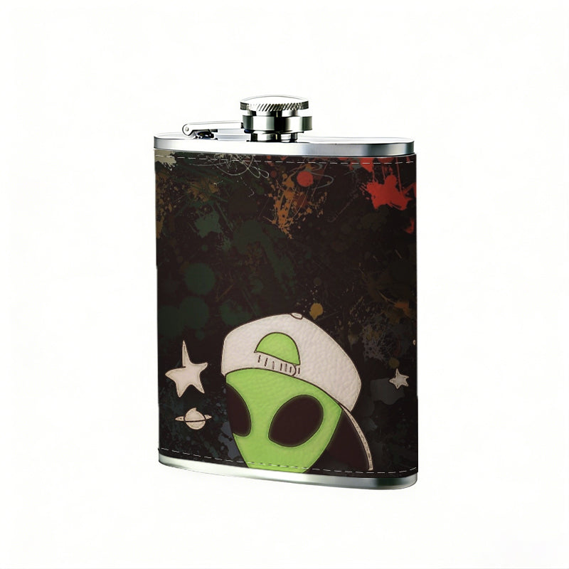 Green alien with star decorations 8oz Flask, Stainless Steel Whiskey Bottle Gift  for Women, Home Kitchen Bar Tools, Gift Box, Holiday Gift, Christmas, Valentine's Day, Girlfriend, Mom, Present