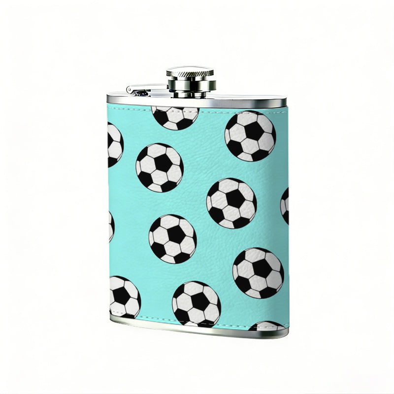 Many footballs on light blue background 8oz Flask, Stainless Steel Whiskey Bottle Gift  for Women, Home Kitchen Bar Tools, Gift Box, Holiday Gift, Christmas, Valentine's Day, Girlfriend, Mom, Present