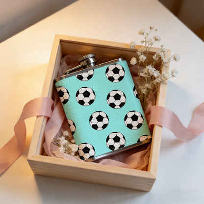 Many footballs on light blue background 8oz Flask, Stainless Steel Whiskey Bottle Gift  for Women, Home Kitchen Bar Tools, Gift Box, Holiday Gift, Christmas, Valentine's Day, Girlfriend, Mom, Present